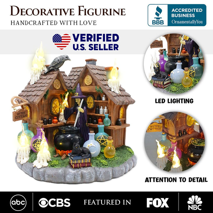 Enchanted Witch Cottage Lighted Figurine, 10" LED Halloween Decor Statue with Cauldrons and Ravens Resin Statues OrnamentallyYou 