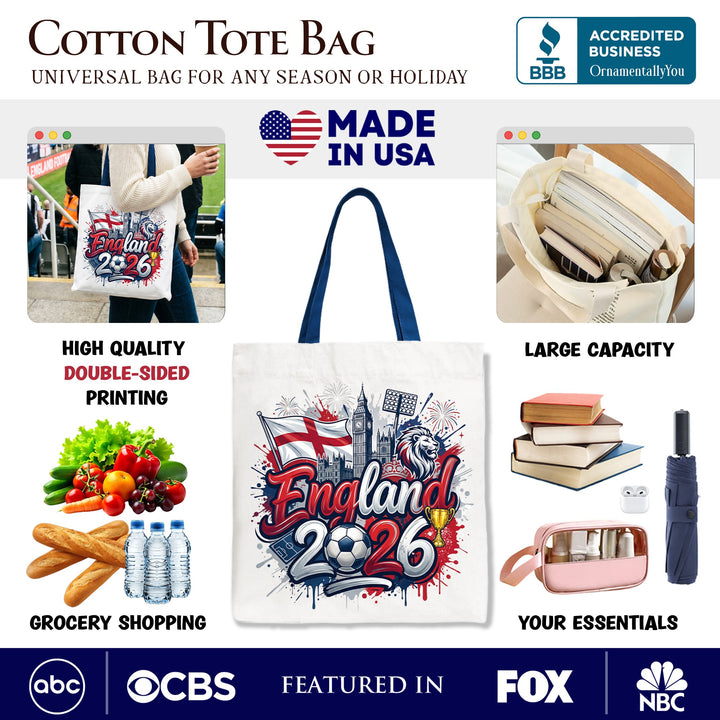 England 2026 Soccer Cup Global Championship Tote Bag, Fans Football Gift Shopper Tote Bag OrnamentallyYou 