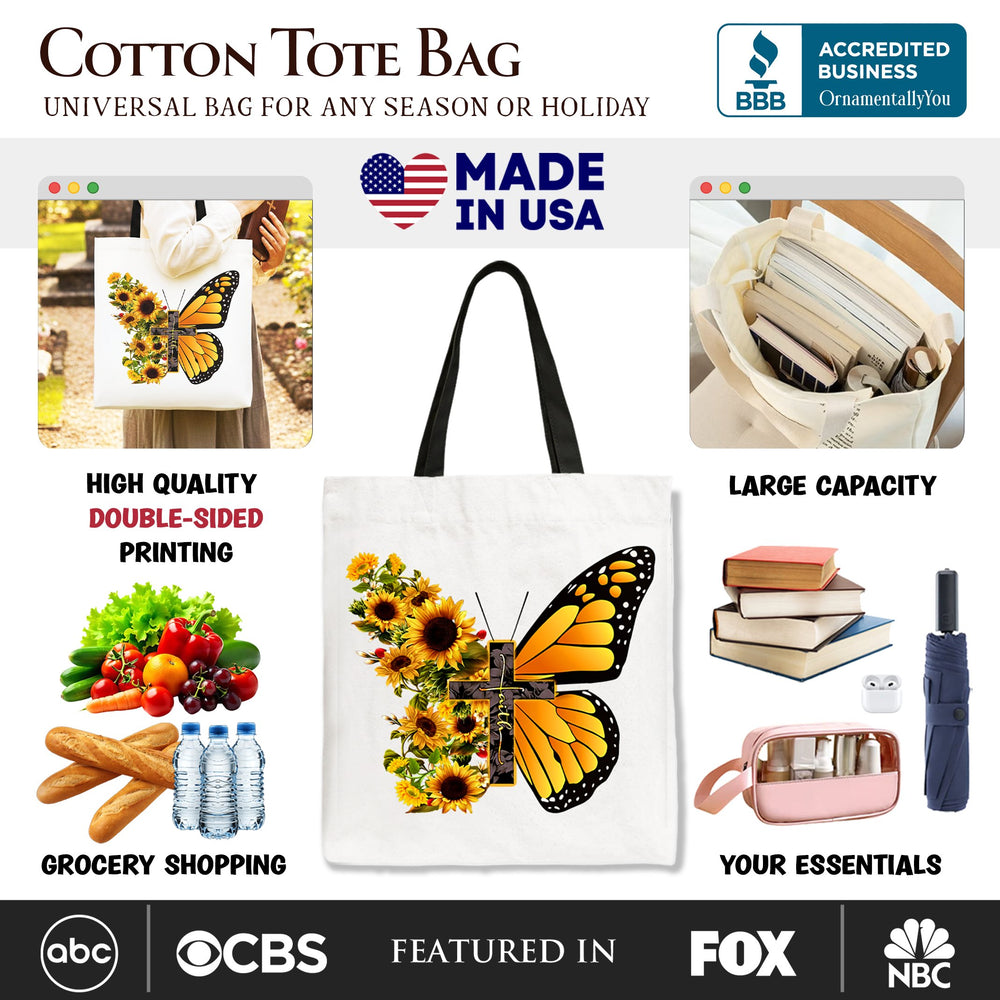 Faith Cross Butterfly Tote Bag, Christian Sunflower Floral Gift Shopper Tote Bag OrnamentallyYou 
