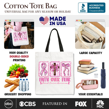 Faith Over Fear Breast Cancer Christian Tote Bag, Pink Ribbon Awareness Gift Shopper Tote Bag OrnamentallyYou 