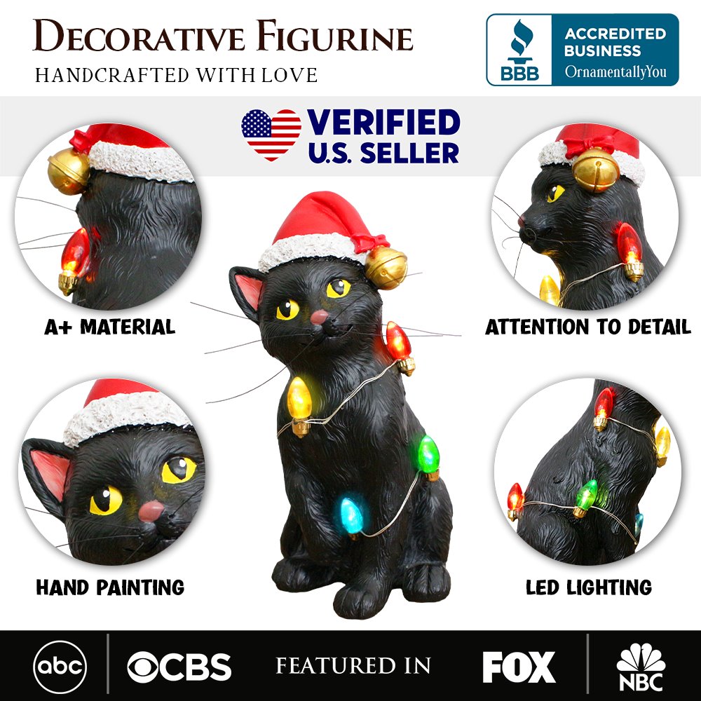 (Pre-Order) Festive Black Cat with LED Lights Figurine, 7" Cute Home Decor Statue Resin Statues OrnamentallyYou 