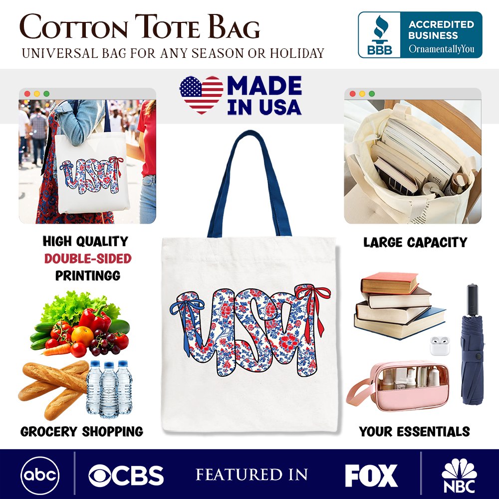 Floral USA Patriotic Canvas Tote Bag, 4th of July Gift Shopper for Stylish Women Tote Bag OrnamentallyYou 