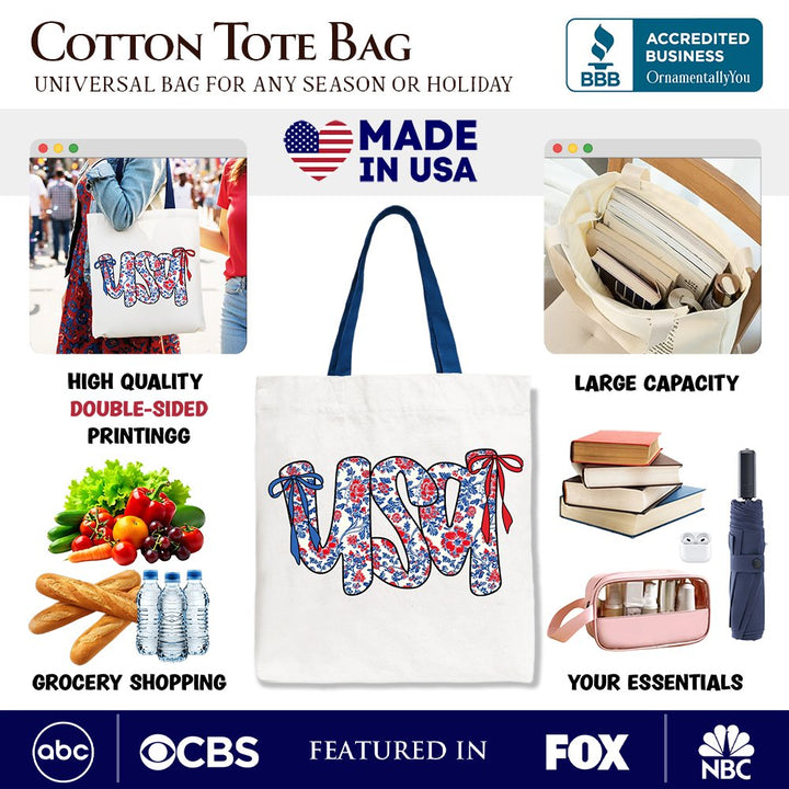 Floral USA Patriotic Canvas Tote Bag, 4th of July Gift Shopper for Stylish Women Tote Bag OrnamentallyYou 