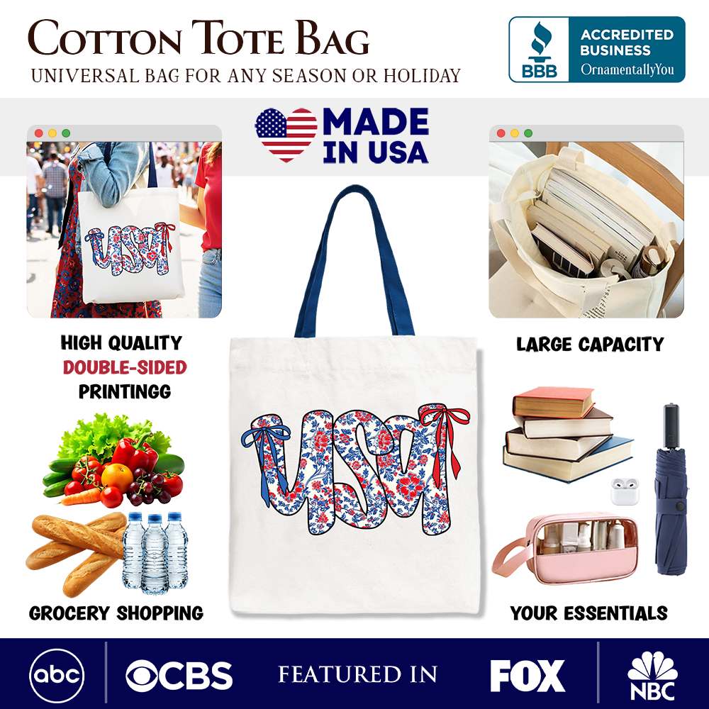 Floral USA Patriotic Canvas Tote Bag, 4th of July Gift Shopper for Stylish Women
