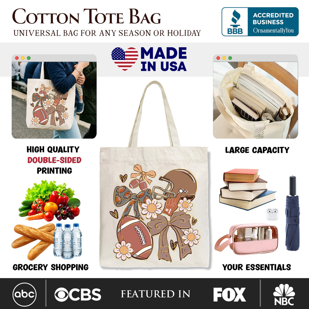 Football Mom Coquette Bow Daisy Tote Bag, Retro Fall Game Day Preppy Gift Shopper Tote Bag OrnamentallyYou 