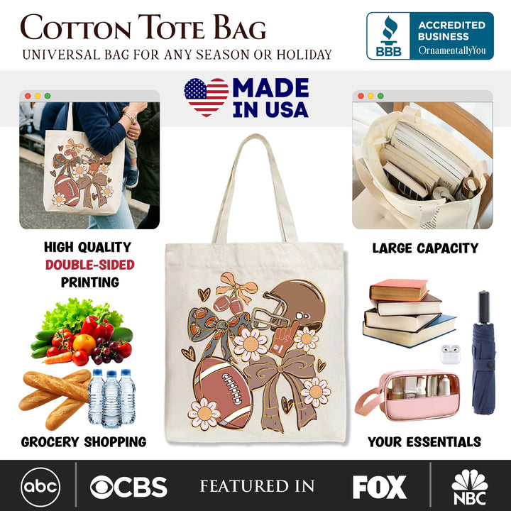 Football Mom Coquette Bow Daisy Tote Bag, Retro Fall Game Day Preppy Gift Shopper Tote Bag OrnamentallyYou 