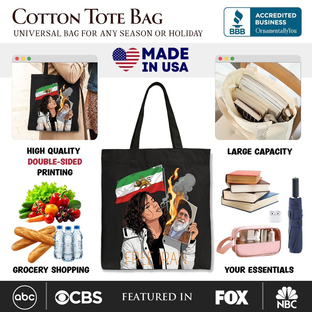 Free Iran Protest Canvas Tote Bag, Lion and Sun Flag Persian Freedom Activist Gift Shopper OrnamentallyYou 