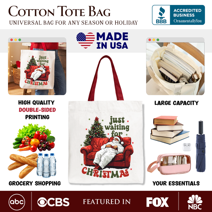 Funny Fat Santa Couch Tote Bag, Just Waiting for Christmas Gift Shopper for Lazy Holiday Season