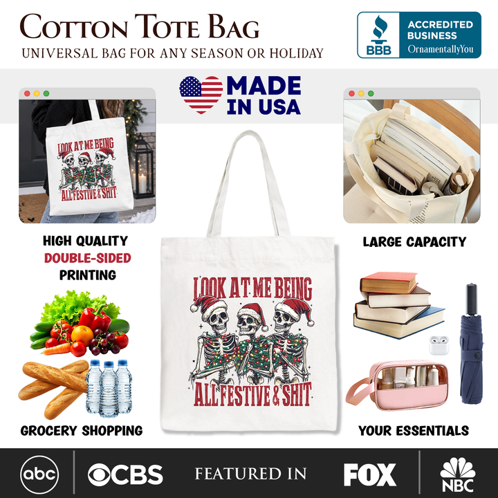 Funny Skeletons in Santa Hat Christmas Tote Bag, Look At Me Being All Festive Gift Shopper for Sarcastic People