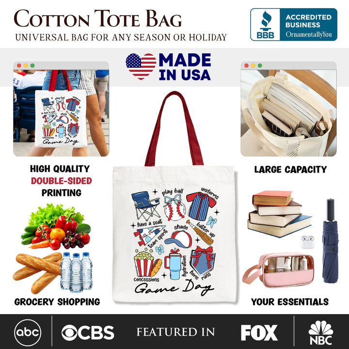 Game Day Baseball Tote Bag, Gift Shopper for Sports Fans Tote Bag OrnamentallyYou 