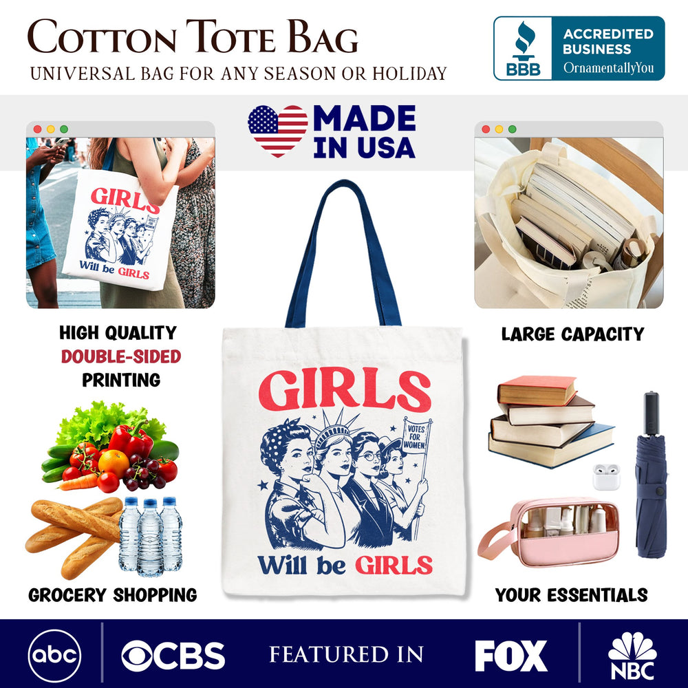 Girls Will Be Girls Patriotic Tote Bag, 4th of July Vintage Feminist Gift Shopper Tote Bag OrnamentallyYou 
