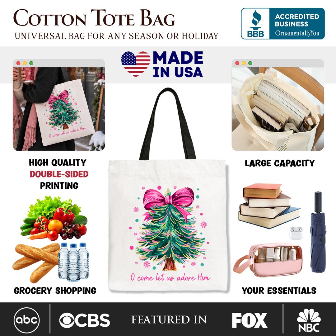 Glitter Christmas Tree Coquette Bow Tote Bag, O Come Let Us Adore Him Holiday Gift Shopper