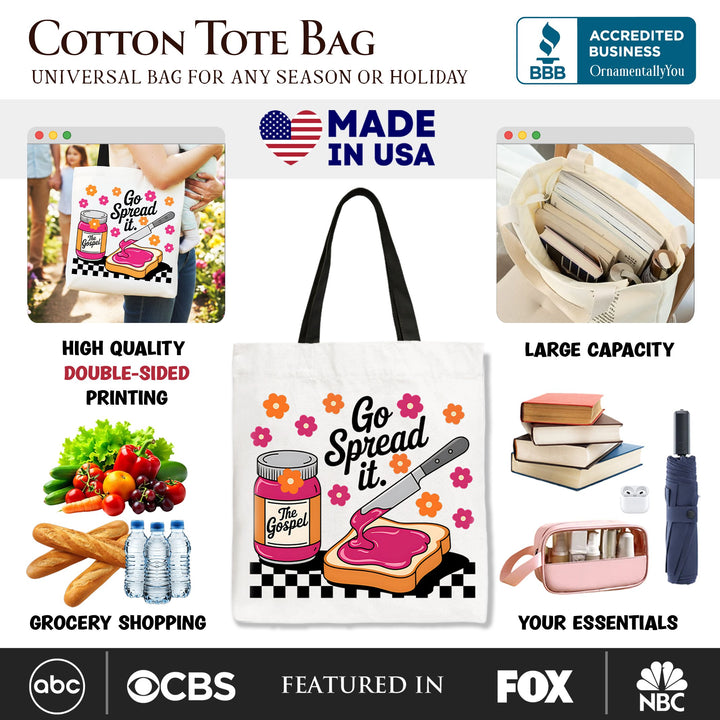 Go Spread It Christian Tote Bag, Cute Gospel Jam and Toast Gift Shopper Tote Bag OrnamentallyYou 