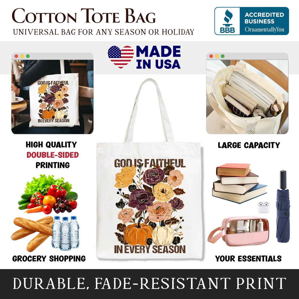 God Is Faithful in Every Season Floral Tote Bag, Christian Fall Gift Shopper Tote Bag OrnamentallyYou 