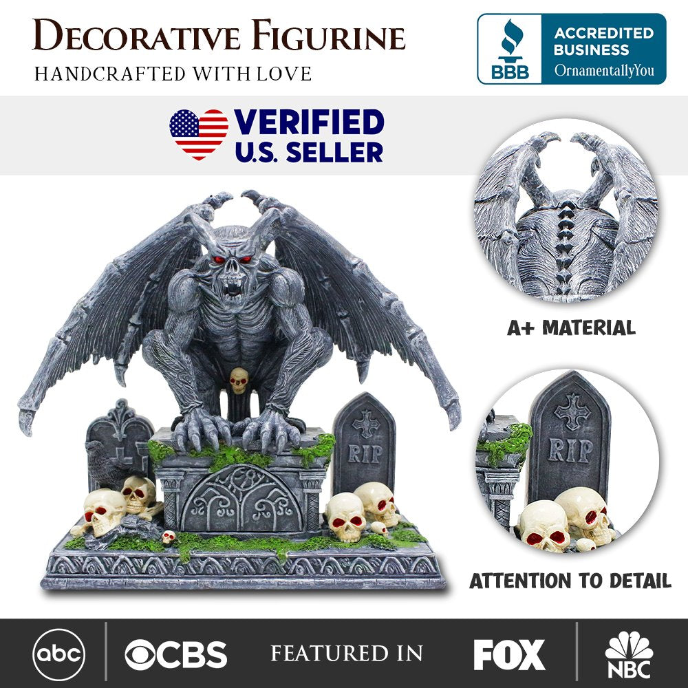 Grave Guardian Gargoyle Figurine, 7" Solar Powered Gothic Halloween Garden Statue Resin Statues OrnamentallyYou 