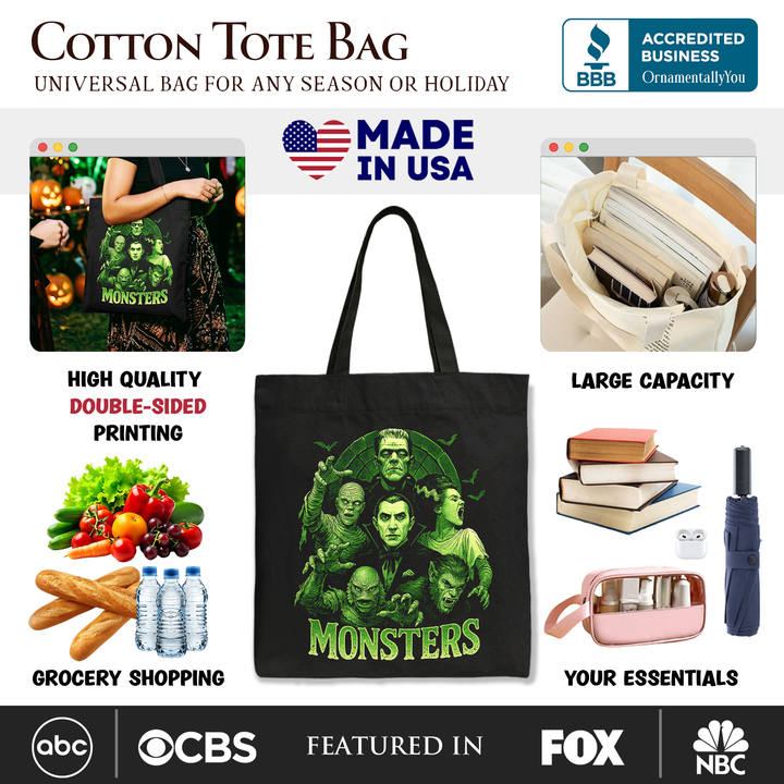 Green Retro Monsters Tote Bag, Vintage Classic Horror Halloween Gift Shopper