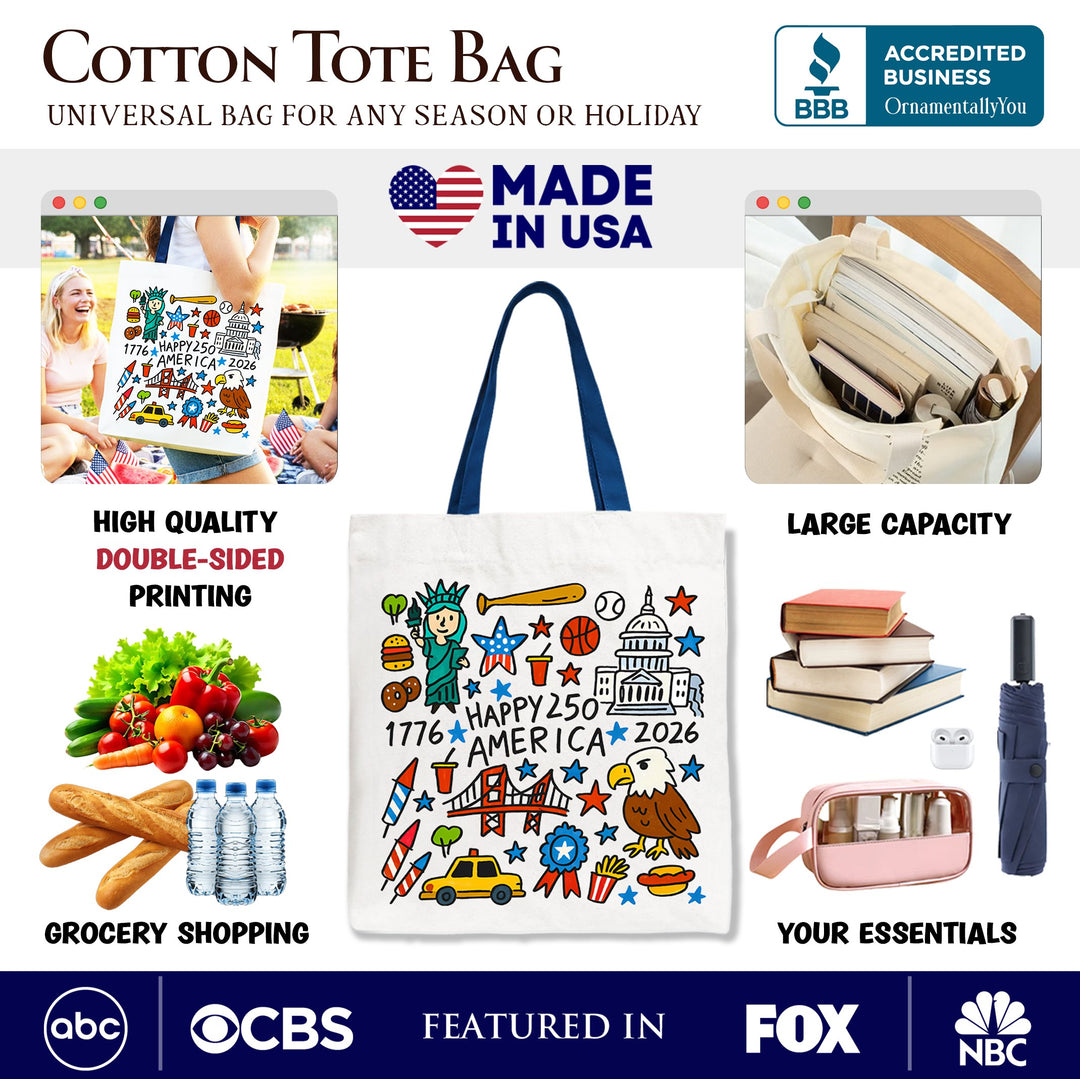Happy 250 America Doodle Tote Bag, Patriotic USA 1776-2026 250th Anniversary Gift Shopper Tote Bag OrnamentallyYou 