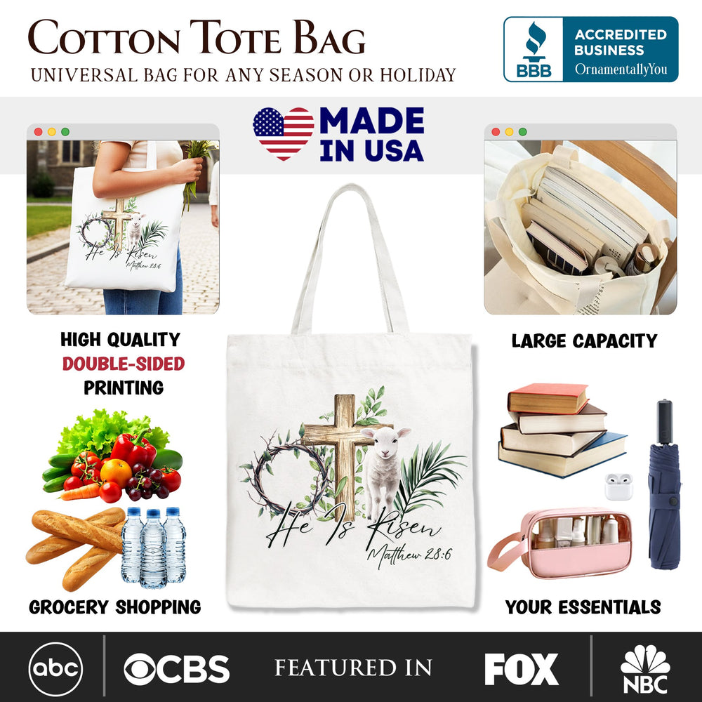 He Is Risen Lamb Cross Christian Easter Tote Bag, Bible Verse Matthew 28:6 Gift Shopper Tote Bag OrnamentallyYou 
