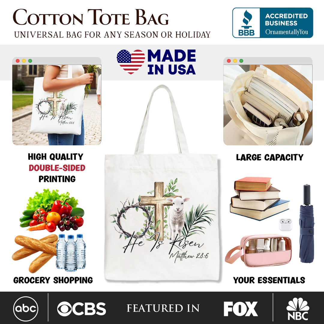 He Is Risen Lamb Cross Christian Easter Tote Bag, Bible Verse Matthew 28:6 Gift Shopper Tote Bag OrnamentallyYou 