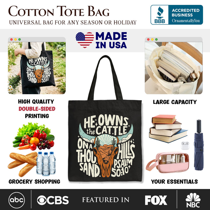 He Owns the Cattle On a Thousand Hills Tote Bag, Christian Western Faith Gift Shopper Tote Bag OrnamentallyYou 