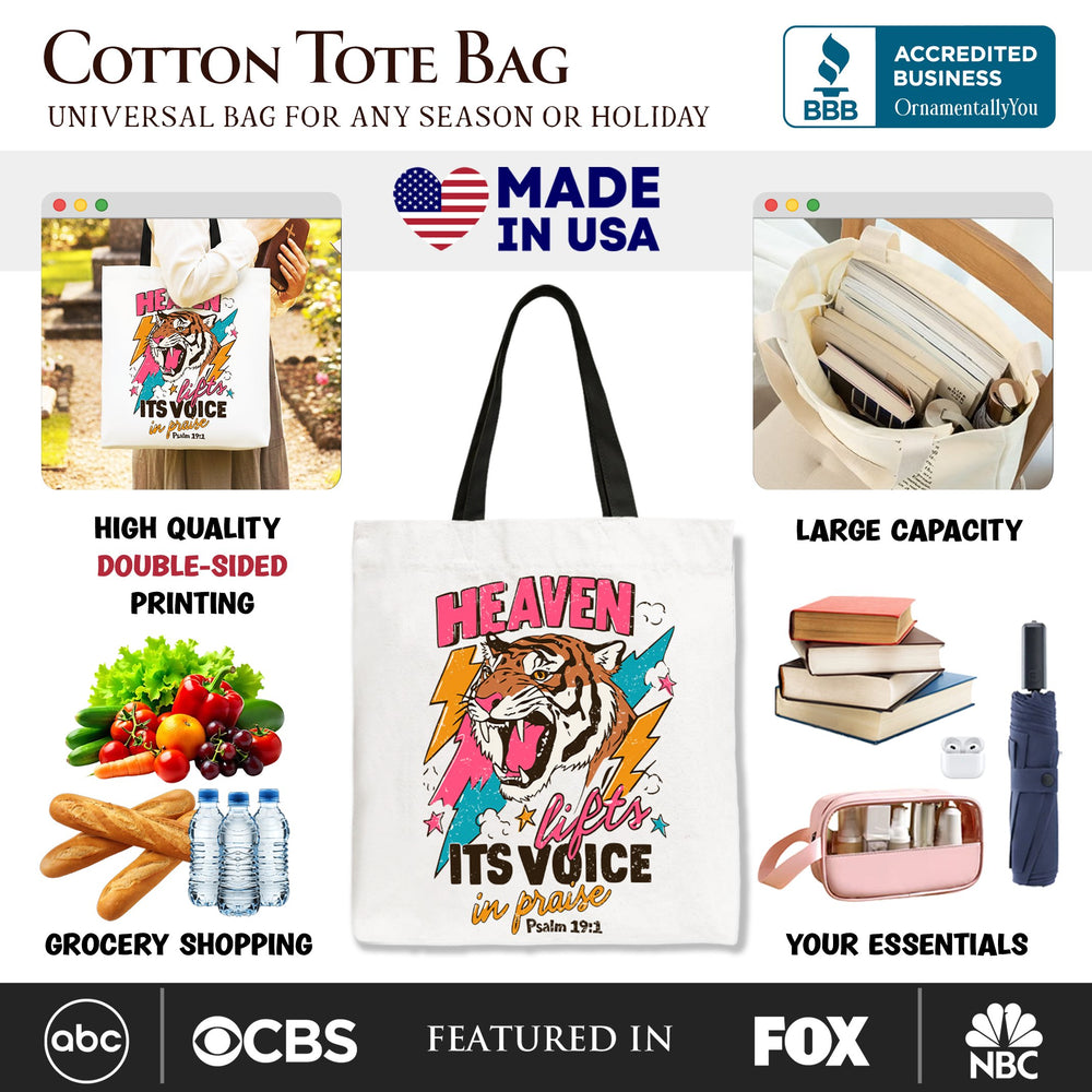 Heaven Lifts its Voice in Praise Christian Tote Bag, Tiger Psalm 191 Bible Verse Gift Shopper Tote Bag OrnamentallyYou 