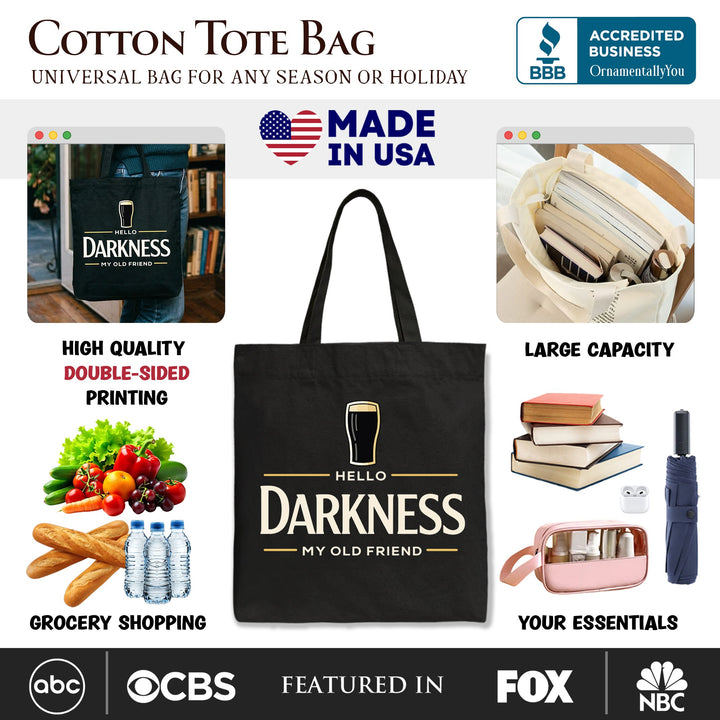 Hello Darkness My Old Friend Tote Bag, Dark Beer Lover Gift Shopper Tote Bag OrnamentallyYou 