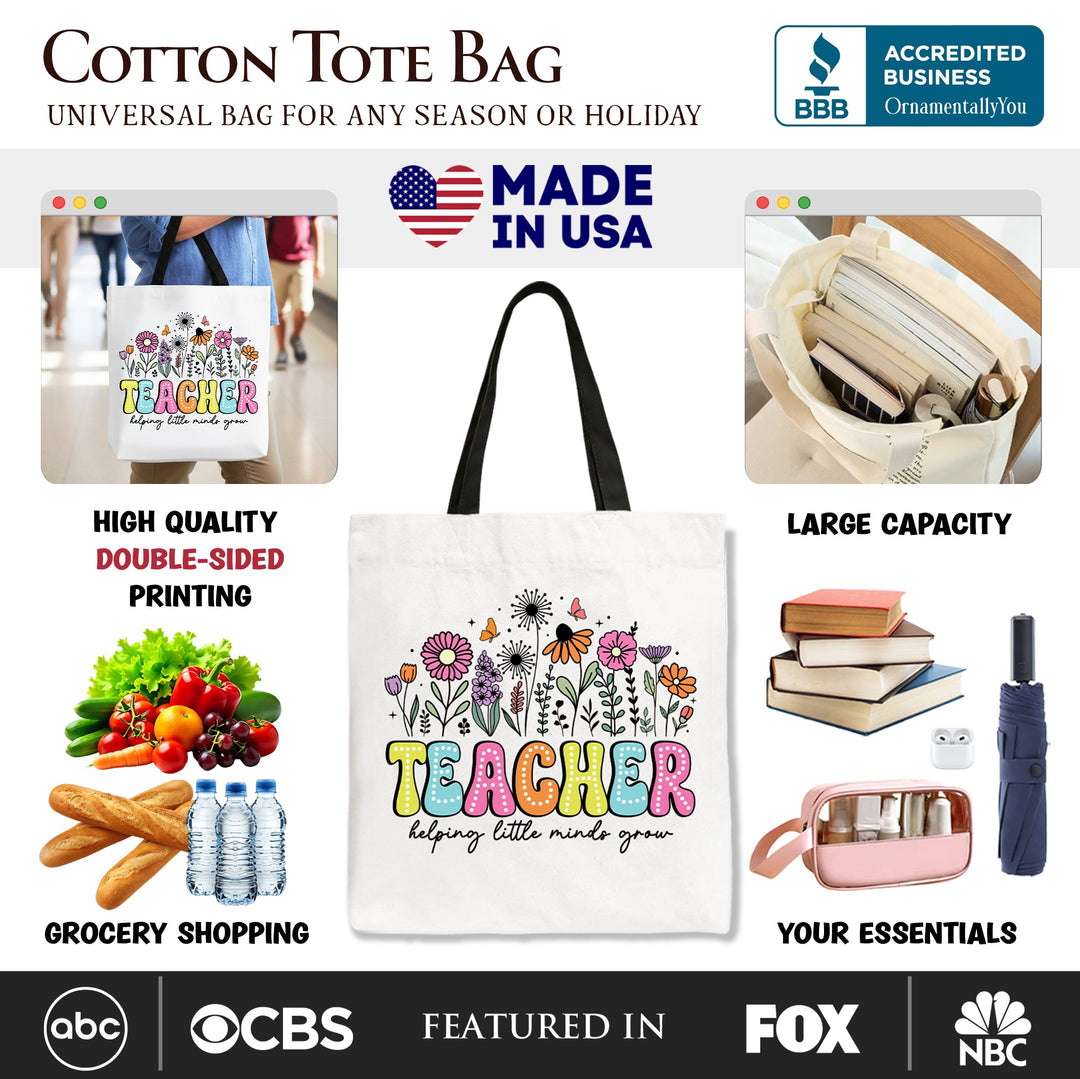Helping Little Minds Grow Teacher Tote Bag, Floral Appreciation Gift Shopper Tote Bag OrnamentallyYou 