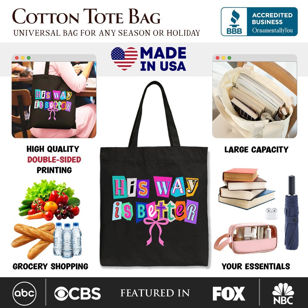 His Way Is Better Christian Canvas Tote Bag, Retro Preppy Coquette Faith Gift Shopper Tote Bag OrnamentallyYou 