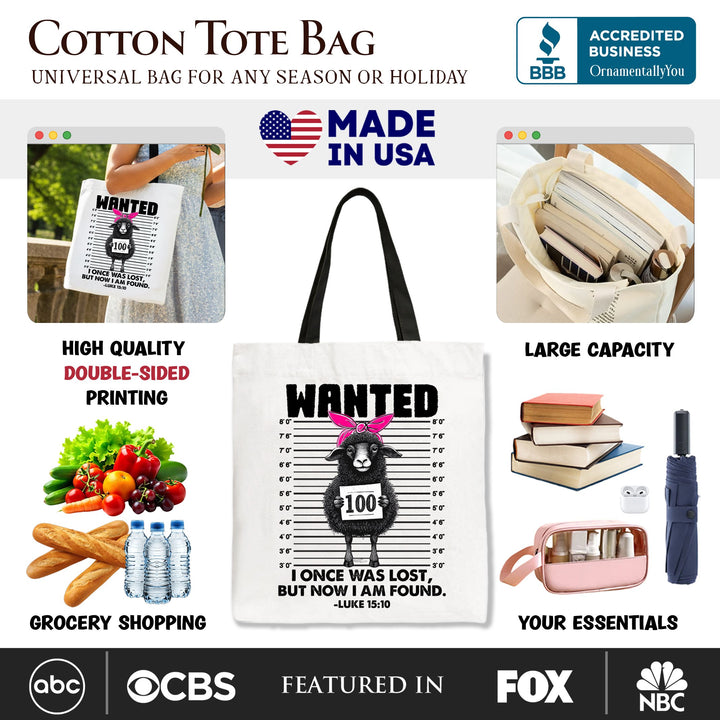 I Once Was Lost But Now I Am Found Luke 15:10 Christian Tote Bag, Wanted Black Sheep Gift Shopper Tote Bag OrnamentallyYou 