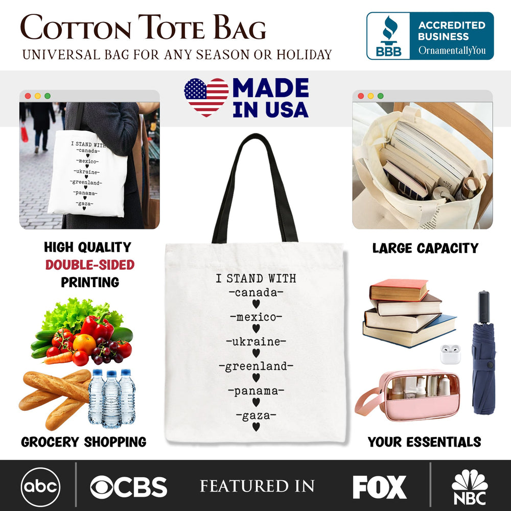 I Stand With Canada Mexico Ukraine Greenland Panama Gaza Canvas Tote Bag, Global Solidarity Protest Activist Gift Shopper OrnamentallyYou 