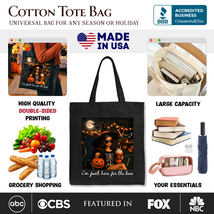 I’m Just Here for the Boos Witch Tote Bag, Funny Halloween Party Gift Shopper
