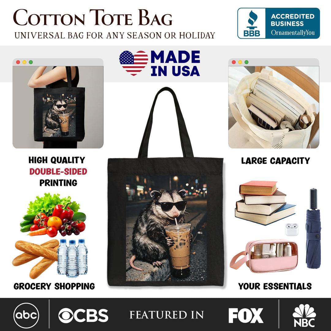 Iced Coffee Opossum Tote Bag, Funny Animal Meme Gift Shopper Tote Bag OrnamentallyYou 
