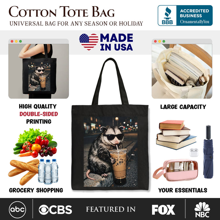 Iced Coffee Opossum Tote Bag, Funny Animal Meme Gift Shopper Tote Bag OrnamentallyYou 