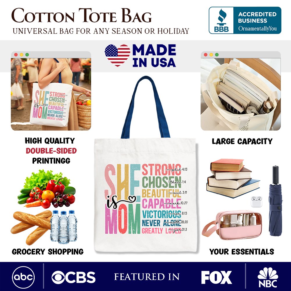 Inspirational Christian Mom Canvas Tote Bag, Affirmation Gift Shopper for Strong and Motivated Mothers Tote Bag OrnamentallyYou 