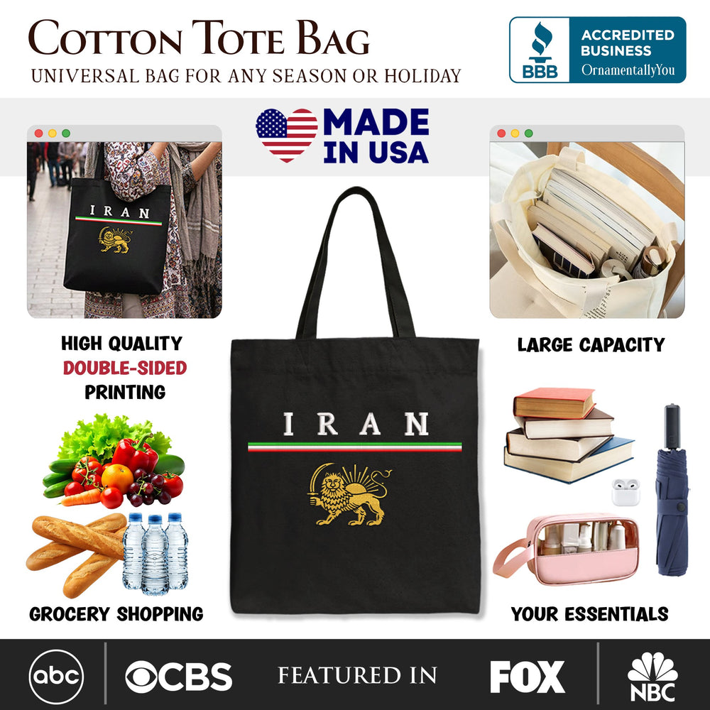 Iran Lion and Sun Flag Canvas Tote Bag, Protest Persian Heritage Pride Gift Shopper OrnamentallyYou 