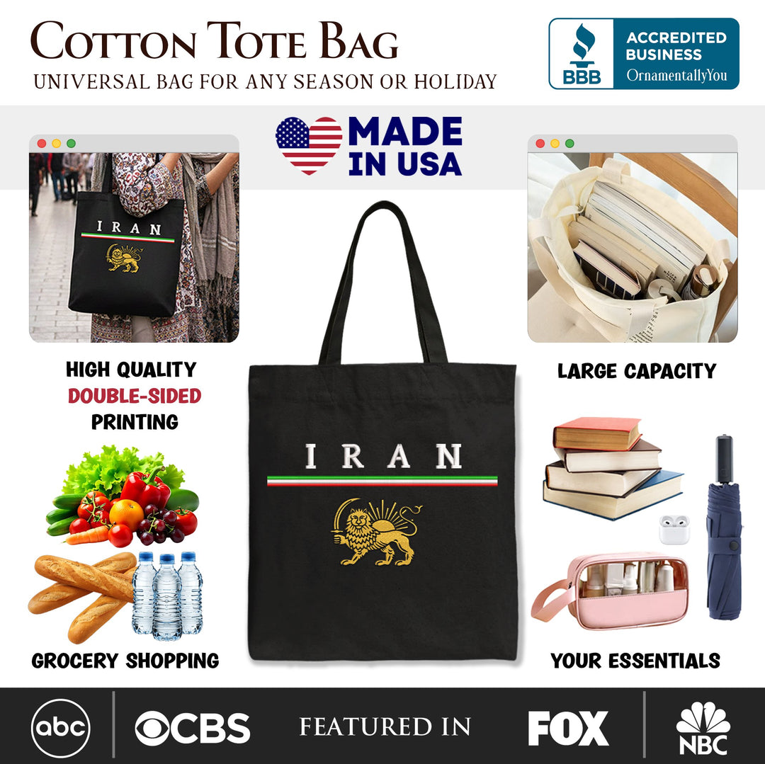 Iran Lion and Sun Flag Canvas Tote Bag, Protest Persian Heritage Pride Gift Shopper OrnamentallyYou 