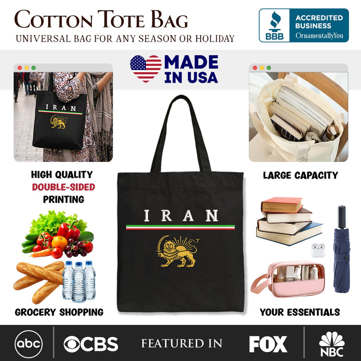 Iran Lion and Sun Flag Canvas Tote Bag, Protest Persian Heritage Pride Gift Shopper OrnamentallyYou 