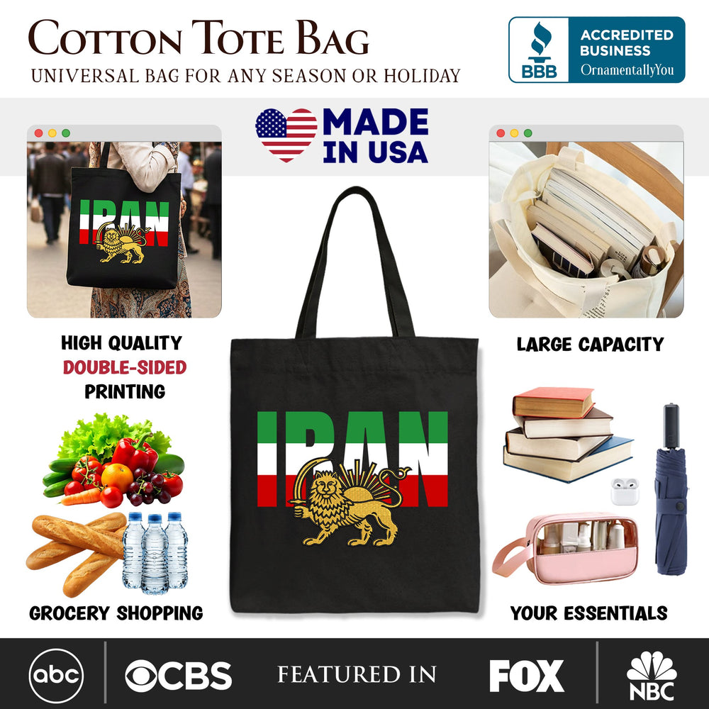 Iran Lion and Sun Flag Canvas Tote Bag, Protest Persian Shir-o-Khorshid Heritage Pride Gift Shopper OrnamentallyYou 