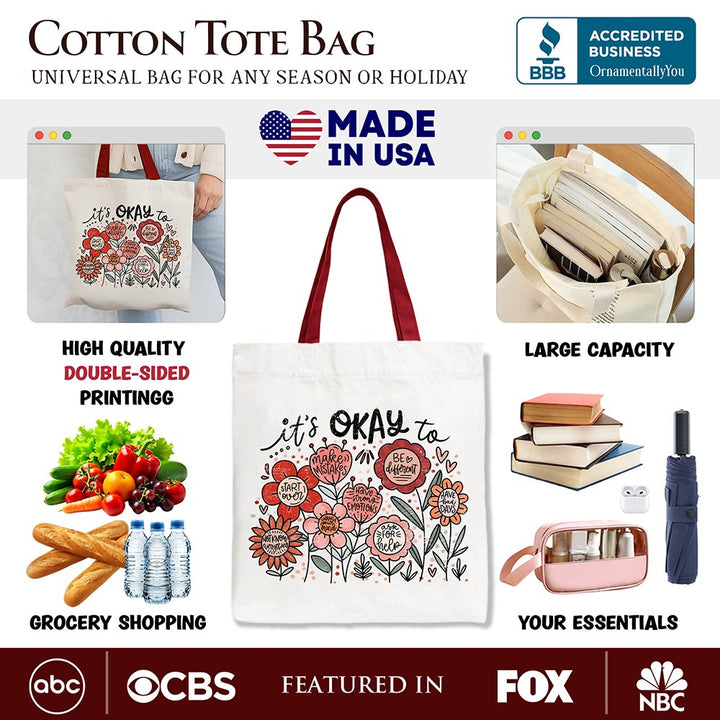 It's Okay Floral Affirmation Canvas Tote Bag, Boho Motivational Gift for Kind and Inspirational Women Tote Bag OrnamentallyYou 