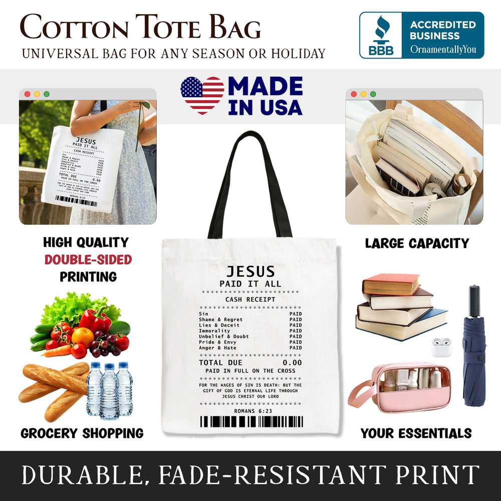 Jesus Paid It All Cash Receipt Tote Bag, Christian Gift Shopper for Believers Tote Bag OrnamentallyYou 