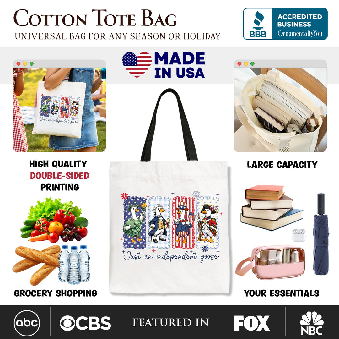 Just An Independent Goose Patriotic Tote Bag, Funny 4th of July Gift Shopper Tote Bag OrnamentallyYou 