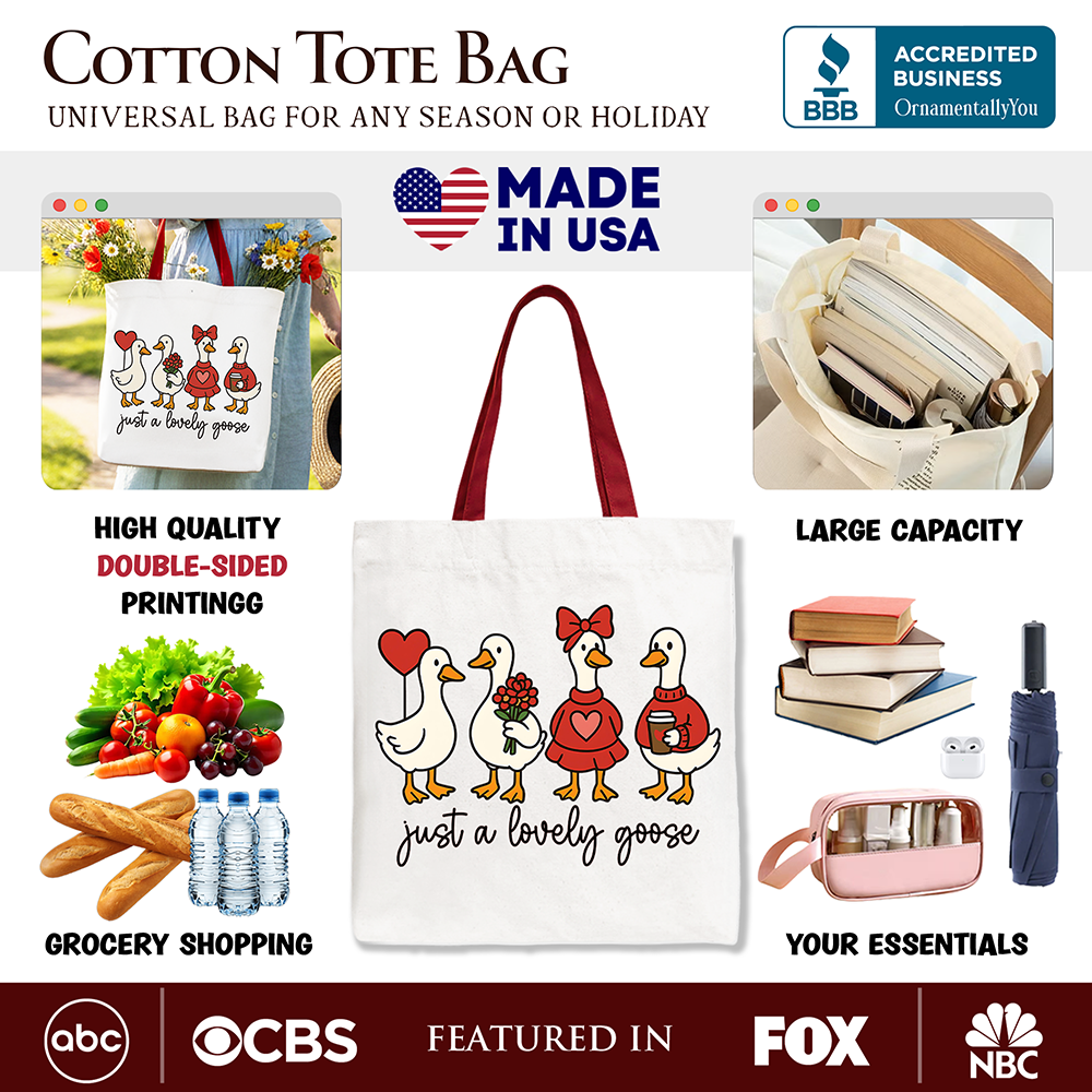 Just a Lovely Goose Valentine Canvas Tote Bag, Coquette Cute Love Printed Gift Bag