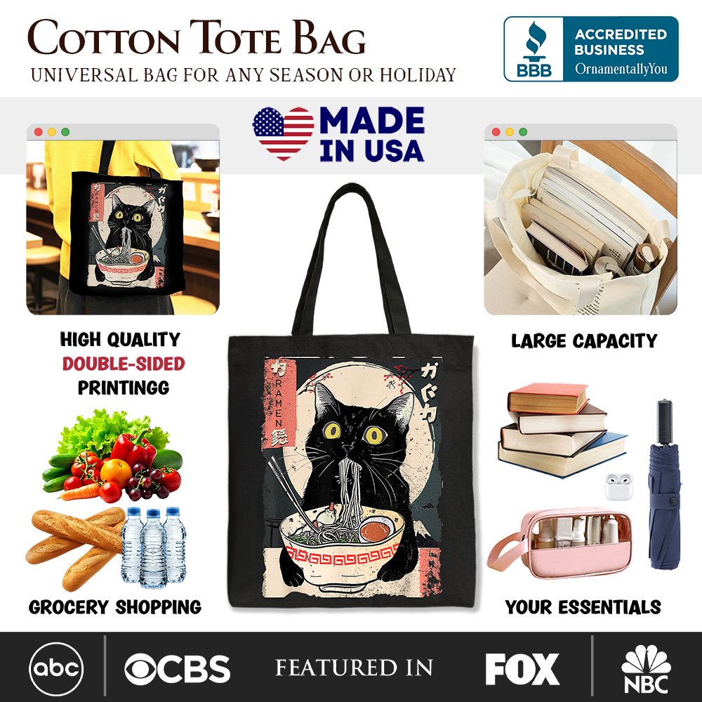 Kawaii Anime Cat Eating Ramen Canvas Tote Bag, Noodle Japanese Art Style Gift Bag Tote Bag OrnamentallyYou 