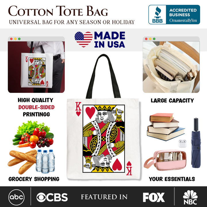 King of Hearts Card Canvas Tote Bag, Classic Retro Love Valentine Gift Bag