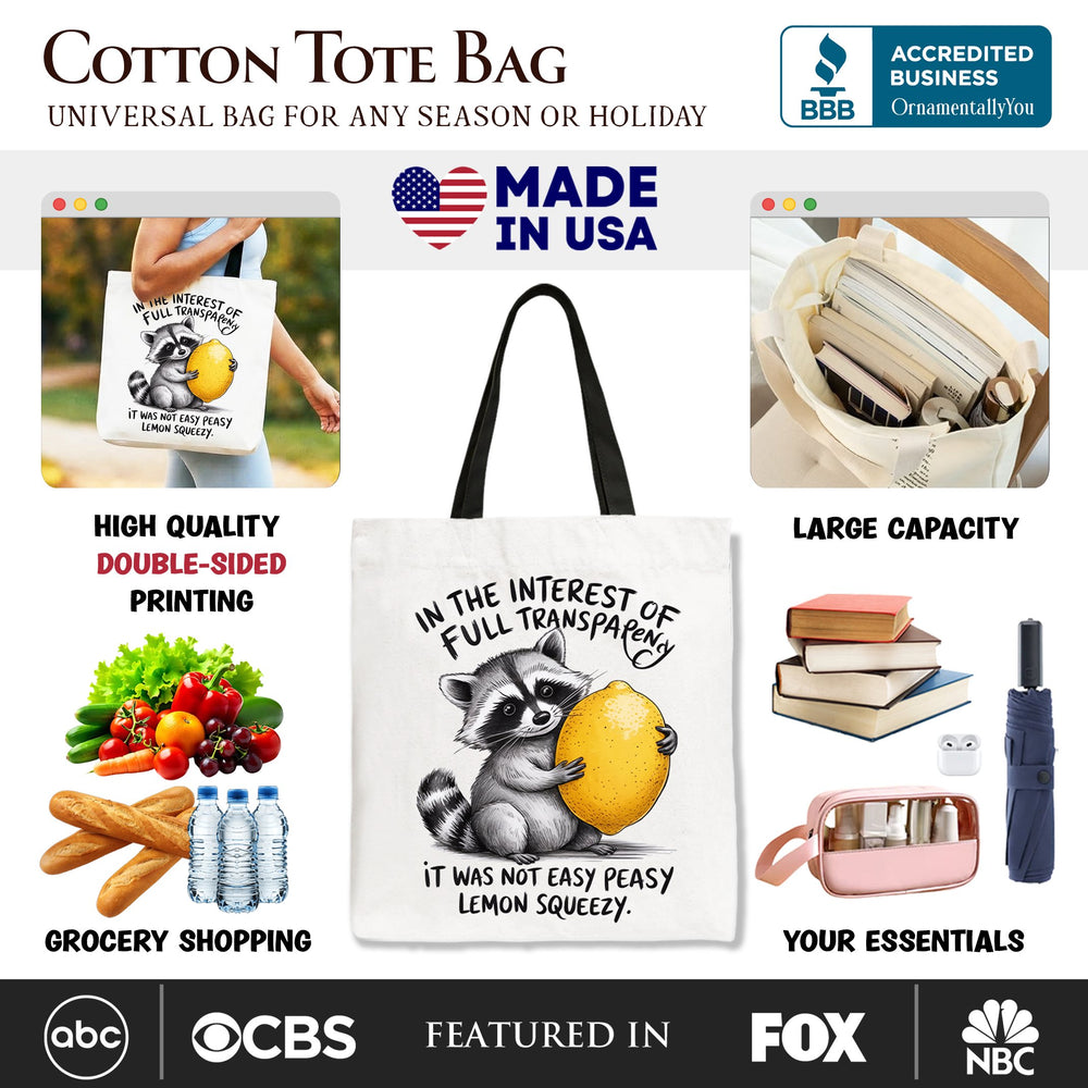 Lemon Squeezy Raccoon Tote Bag, Funny Gift Shopper for Sarcastic People Tote Bag OrnamentallyYou 