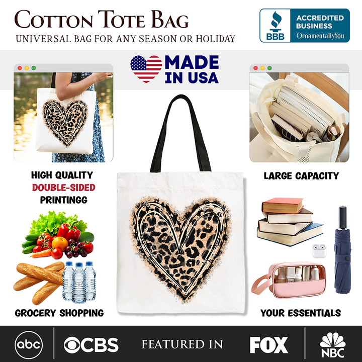 Leopard Heart Valentine Canvas Tote Bag, Love Design Shopper
