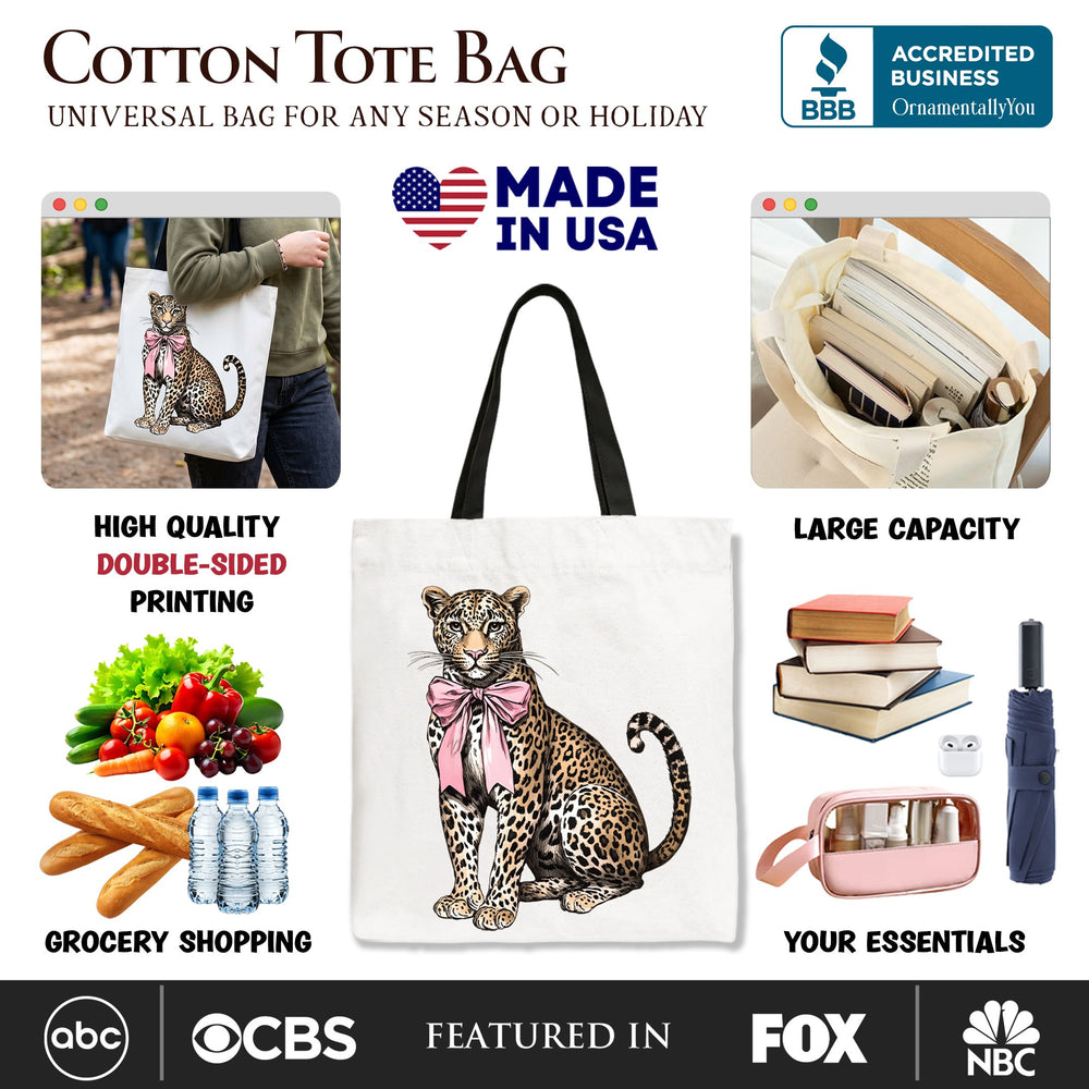 Leopard With Coquette Bow Tote Bag, Animal Trendy Preppy Gift Shopper Tote Bag OrnamentallyYou 