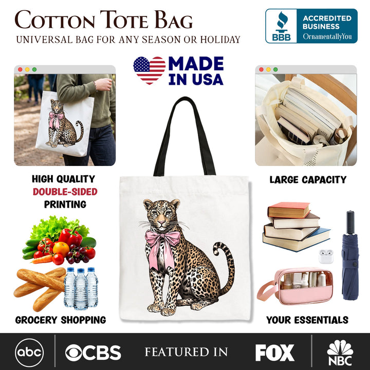 Leopard With Coquette Bow Tote Bag, Animal Trendy Preppy Gift Shopper Tote Bag OrnamentallyYou 