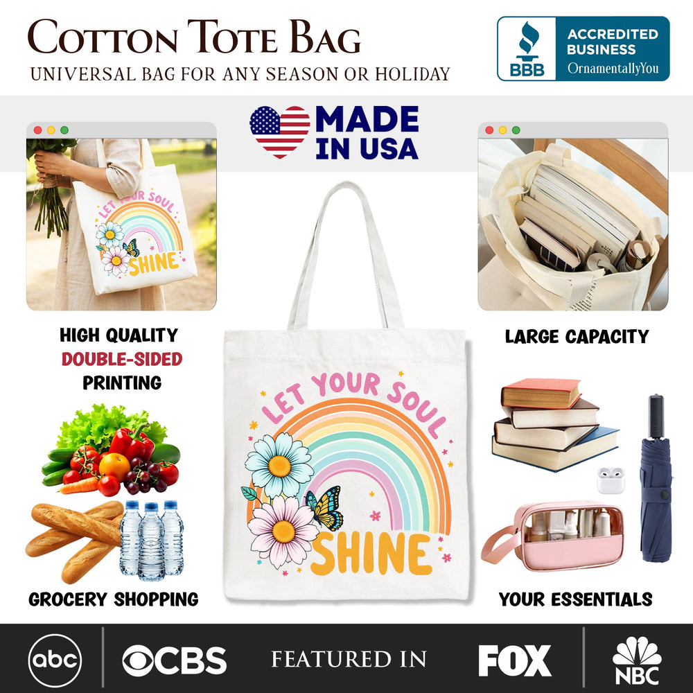 Let Your Soul Shine Rainbow Tote Bag, Retro Pastel Floral Feel Good Gift Shopper Tote Bag OrnamentallyYou 