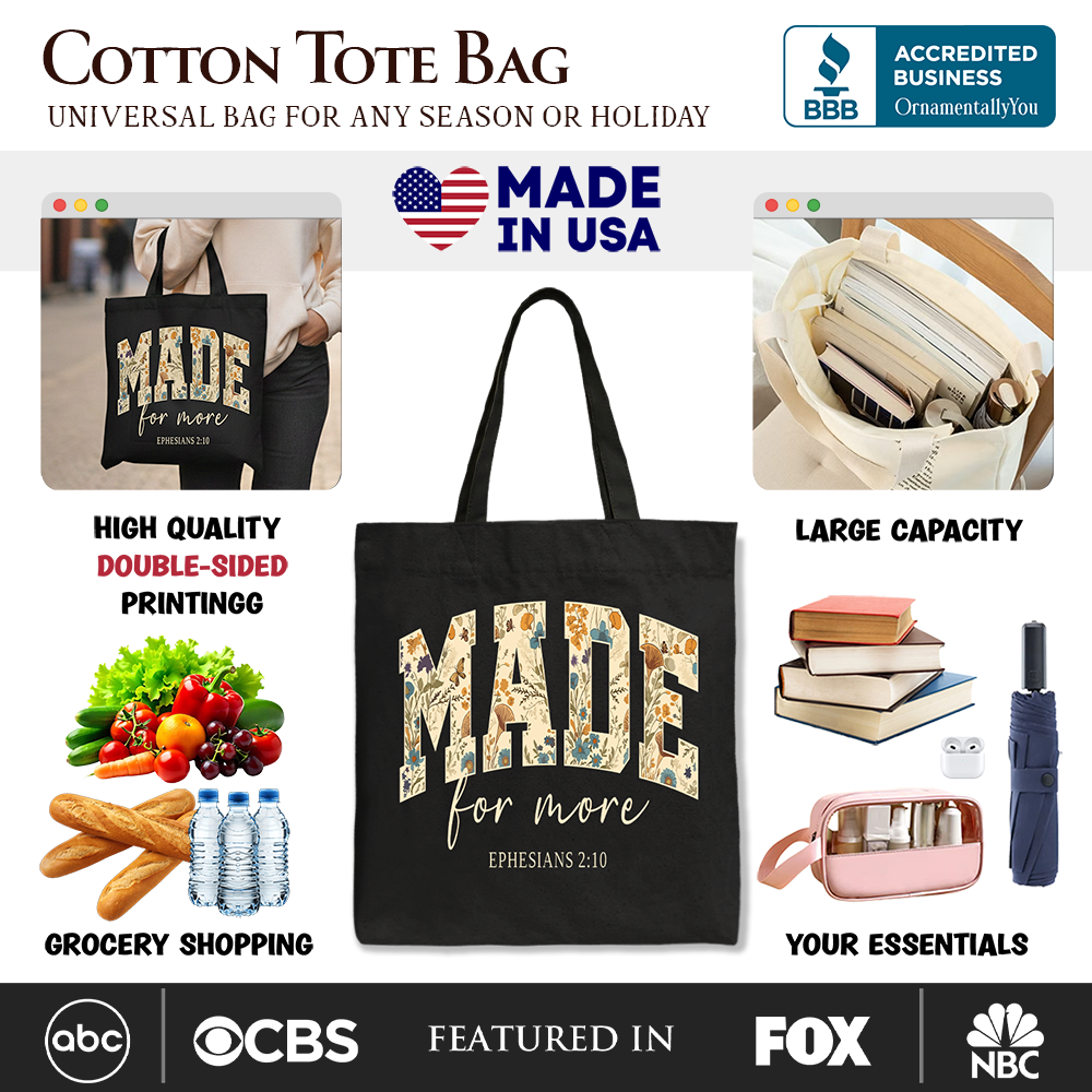 Made For More Ephesians 2:10 Floral Faithful Christians Canvas Tote Bag, Jesus Bible Verse Gift Shopper